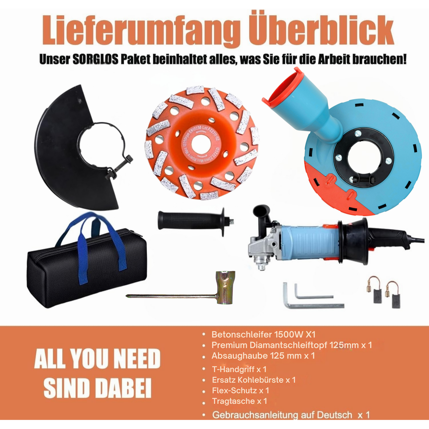 01 1500W Betonschleifer Betonfräse Set, Drehzahlregelbar, inkl. Premium 125mm Diamantschleiftopf, Absaughaube, T-Förmiger Griff