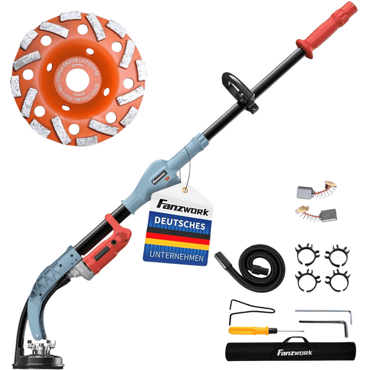 FANZWORK Betonschleifer 1010W mit Teleskopstange bis 1,20 m丨Inklusive Diamantschleiftopf 125mm und Tragtasche丨Drehzahlregelbar