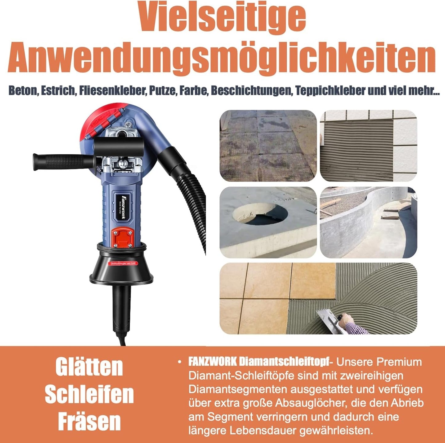 FANZWORK 1500W Betonschleifer Betonfräse Set, Drehzahlregelbar, inkl. Premium 125mm Diamantschleiftopf, Absaughaube, T-Förmiger Griff FZ-WB2304B