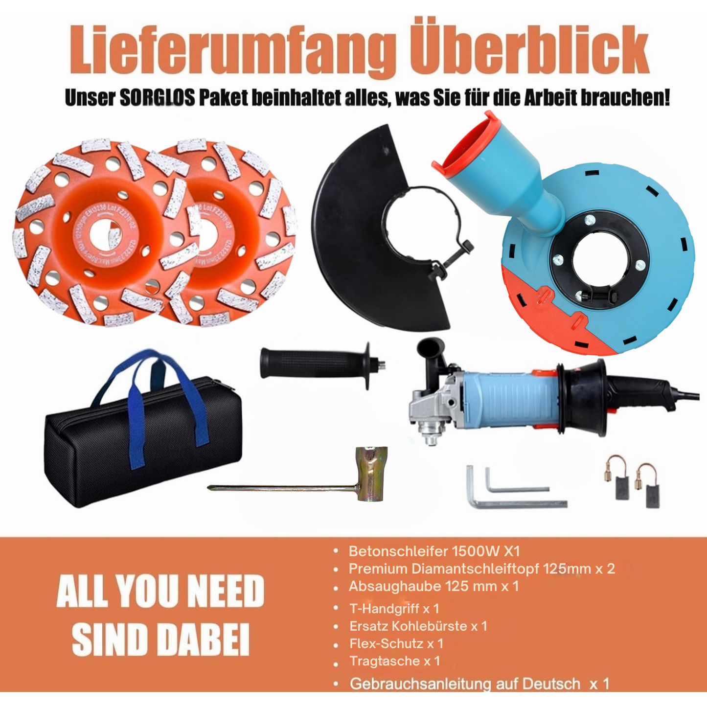 01S FANZWORK 1500W Betonschleifer Betonfräse Set, Drehzahlregelbar, inkl. Premium 2x125mm Diamantschleiftopf, Absaughaube, T-Förmiger Griff