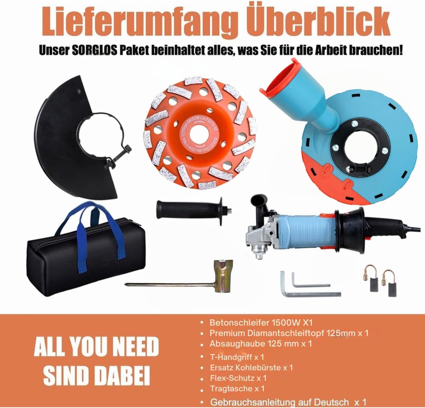 FANZWORK 1500W Betonschleifer Betonfräse Set, Drehzahlregelbar, inkl. Premium 125mm Diamantschleiftopf, Absaughaube, T-Förmiger Griff FZ-WB2304B