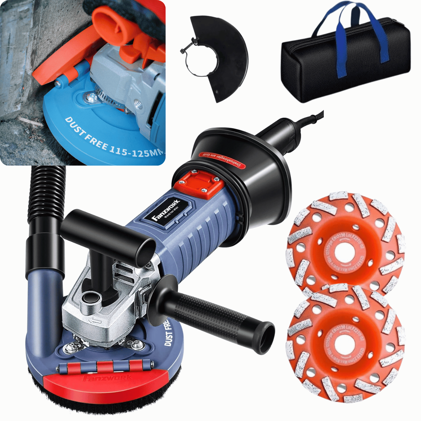Used - FANZWORK 1500W concrete grinder concrete milling machine set, speed adjustable, incl. premium 125mm diamond grinding cup, suction hood