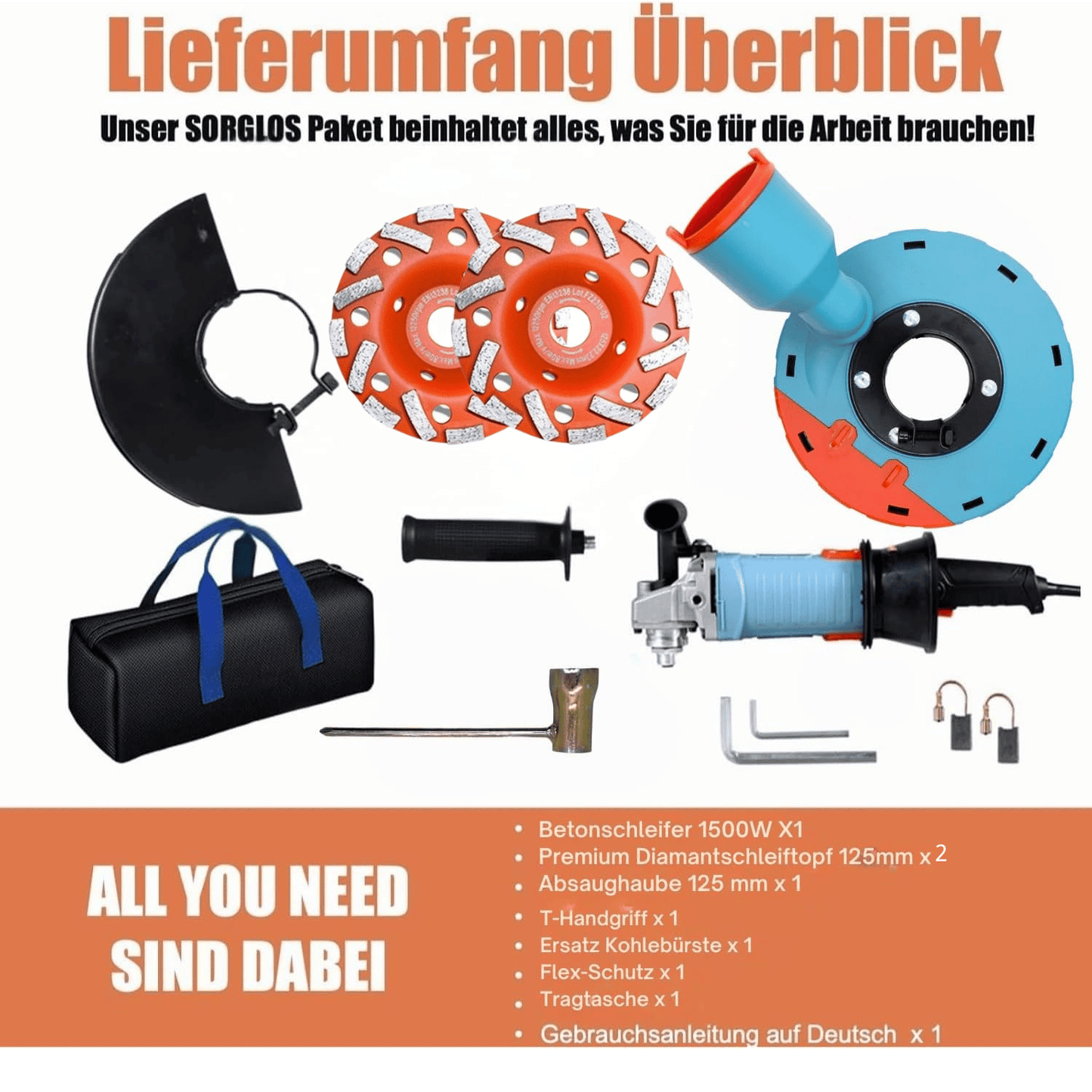 Gebraucht - FANZWORK 1500W Betonschleifer Betonfräse Set, Drehzahlregelbar, inkl. Premium 125mm Diamantschleiftopf, Absaughaube FZ-WB2304B - Fanztool