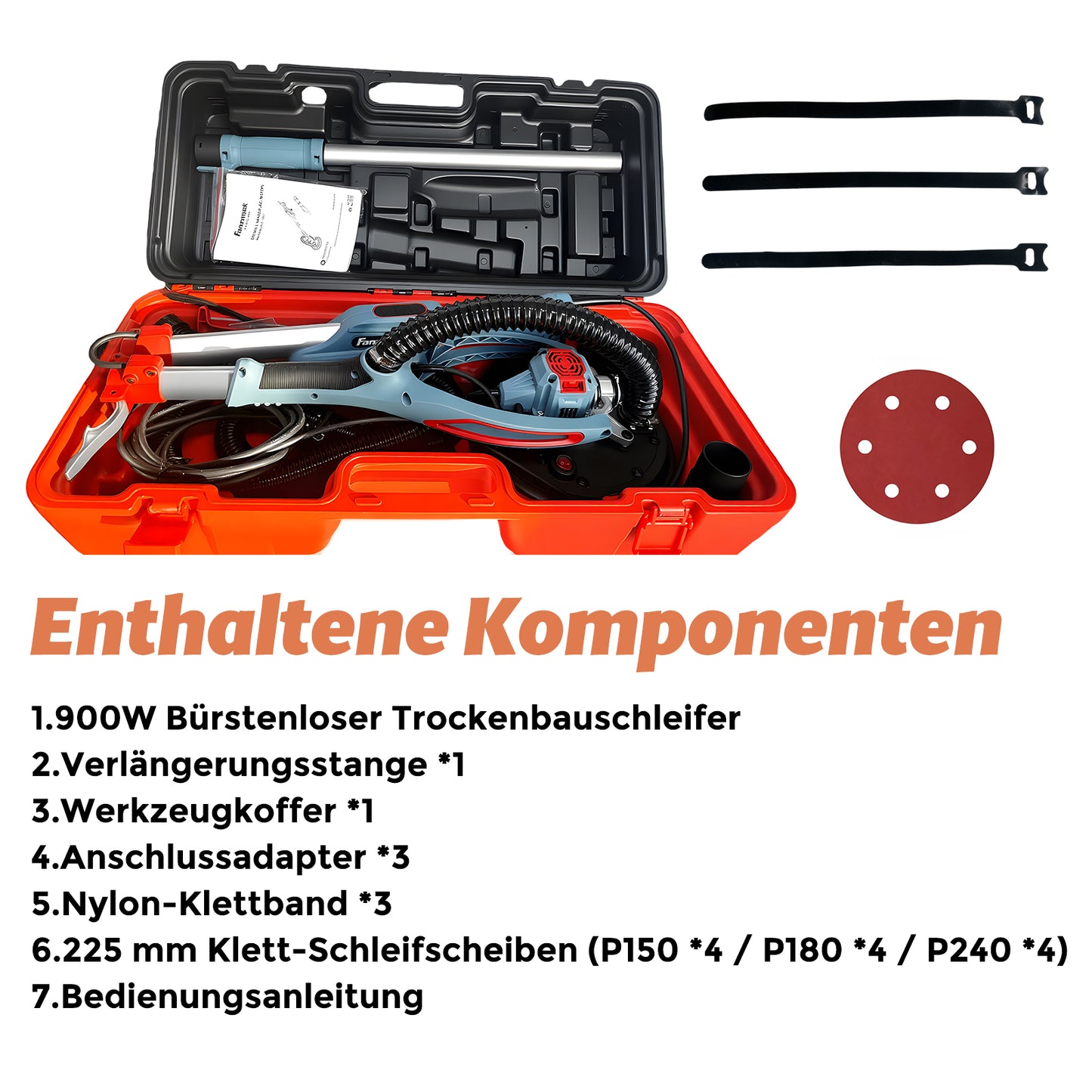 FANZWORK Trockenbauschleifer mit Bürstenlosem EC-Motor 900W, ULTRA-Leicht, 225mm Schleifgiraffe, bis 2300 U/min, Länge bis 1,9m, inkl. LED, 3,8m Kabel, Schleifscheiben, Sauger-Adapter, Tragkoffer - Fanztool