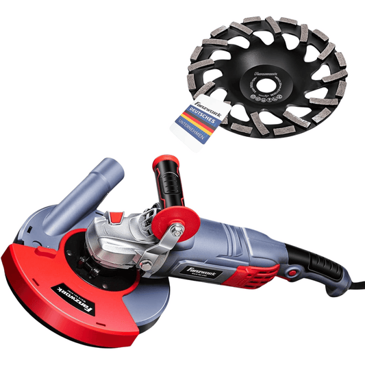 FANZWORK 1750W/180mm Betonschleifer Set, inkl. Premium180mm Diamantschleiftopf, Absaughaube, L-förmiger Griff FZ-BW1750