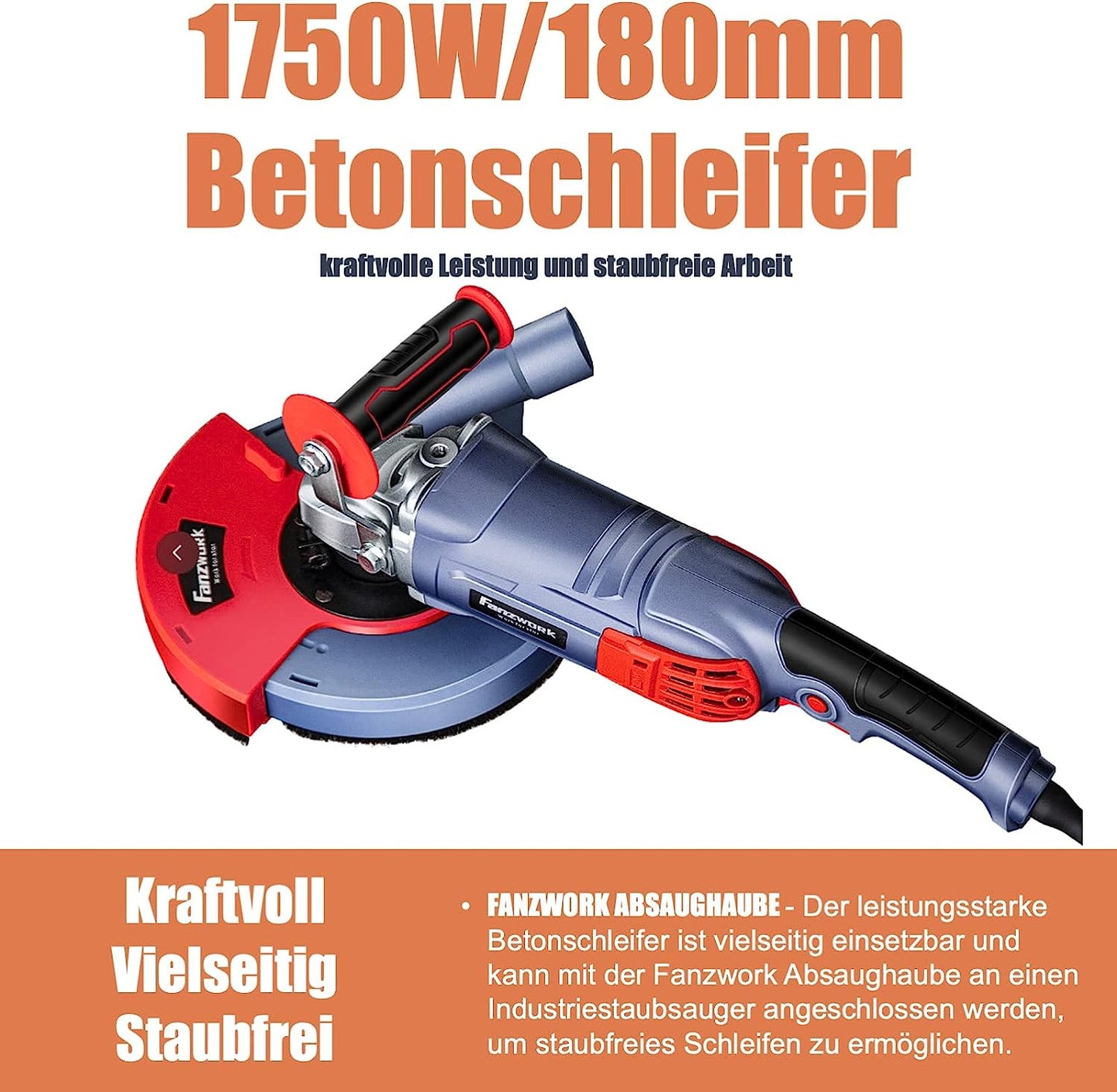 10B FANZWORK 1750W/180mm concrete grinder set, 7,500 rpm, including premium 180mm diamond cup wheel