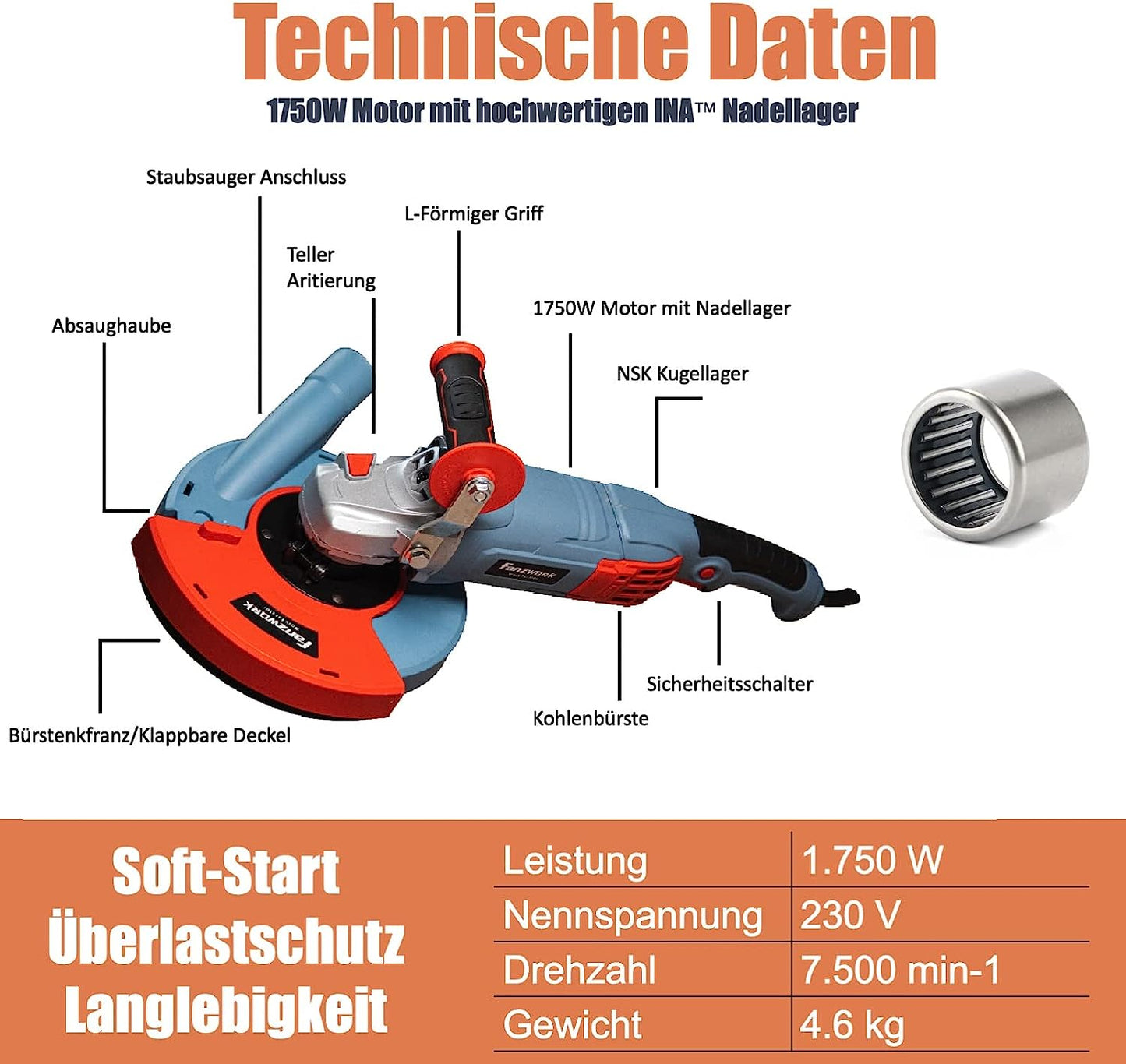 10B FANZWORK 1750W/180mm concrete grinder set, 7,500 rpm, including premium 180mm diamond cup wheel