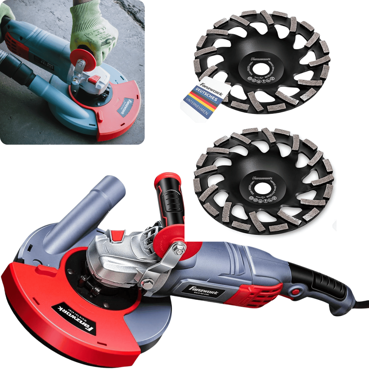 Neuwertig - FANZWORK 1750W/180mm Betonschleifer Set, 7.500 min-1 Umdrehung, inkl. 2 Stk. Premium180mm Diamantschleiftöpfe
