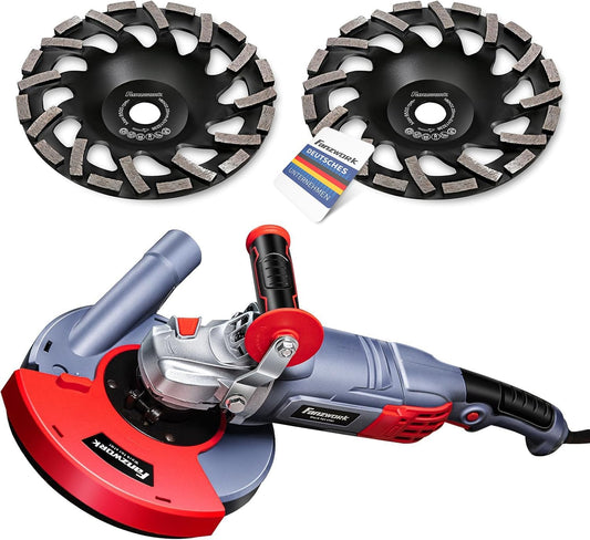 FANZWORK 1750W/180mm Betonschleifer Set, 7.500 min-1 Umdrehung, inkl. 2 Stk. Premium180mm Diamantschleiftöpfe FZ-BW1750