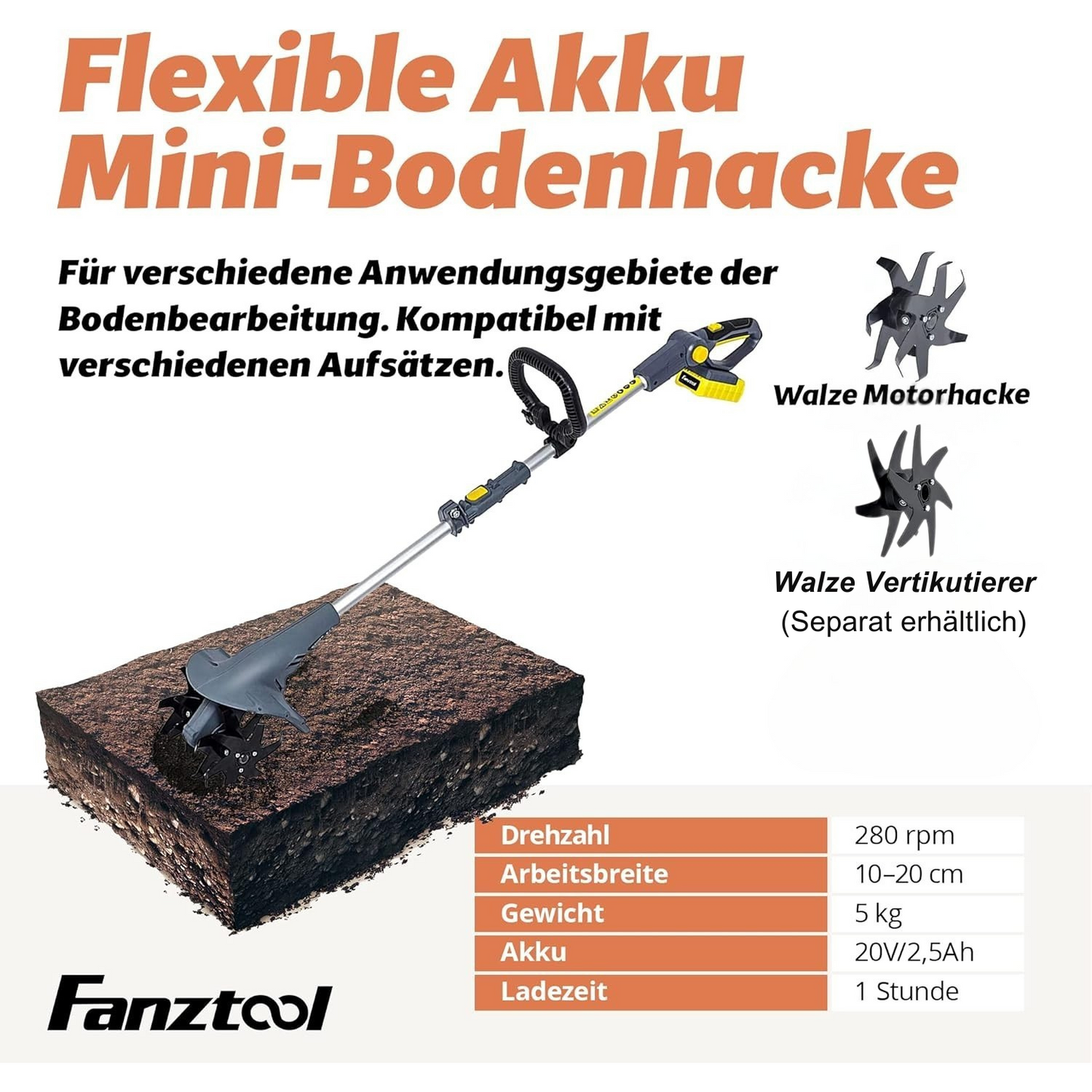 FANZTOOL Motorhacke Bodenhacke Gartenhacke Kultivator(OHNE Akku & Ladegeräte)