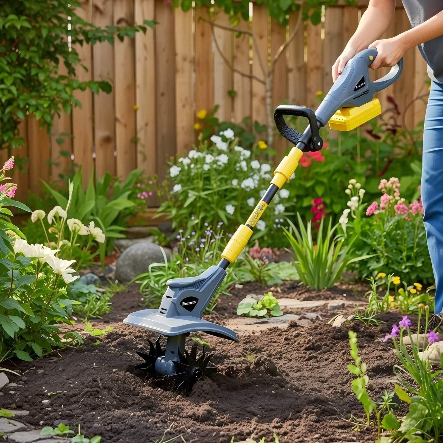 FANZTOOL Akku-Motorhacke mit 23cm Arbeitsbreite,16 cm Arbeitstiefe, Akku Gartenfräse mit 4 Robuste Hackmesser, Bodenhacke für klein Beet & Garten(ohne Akku) - Fanztool