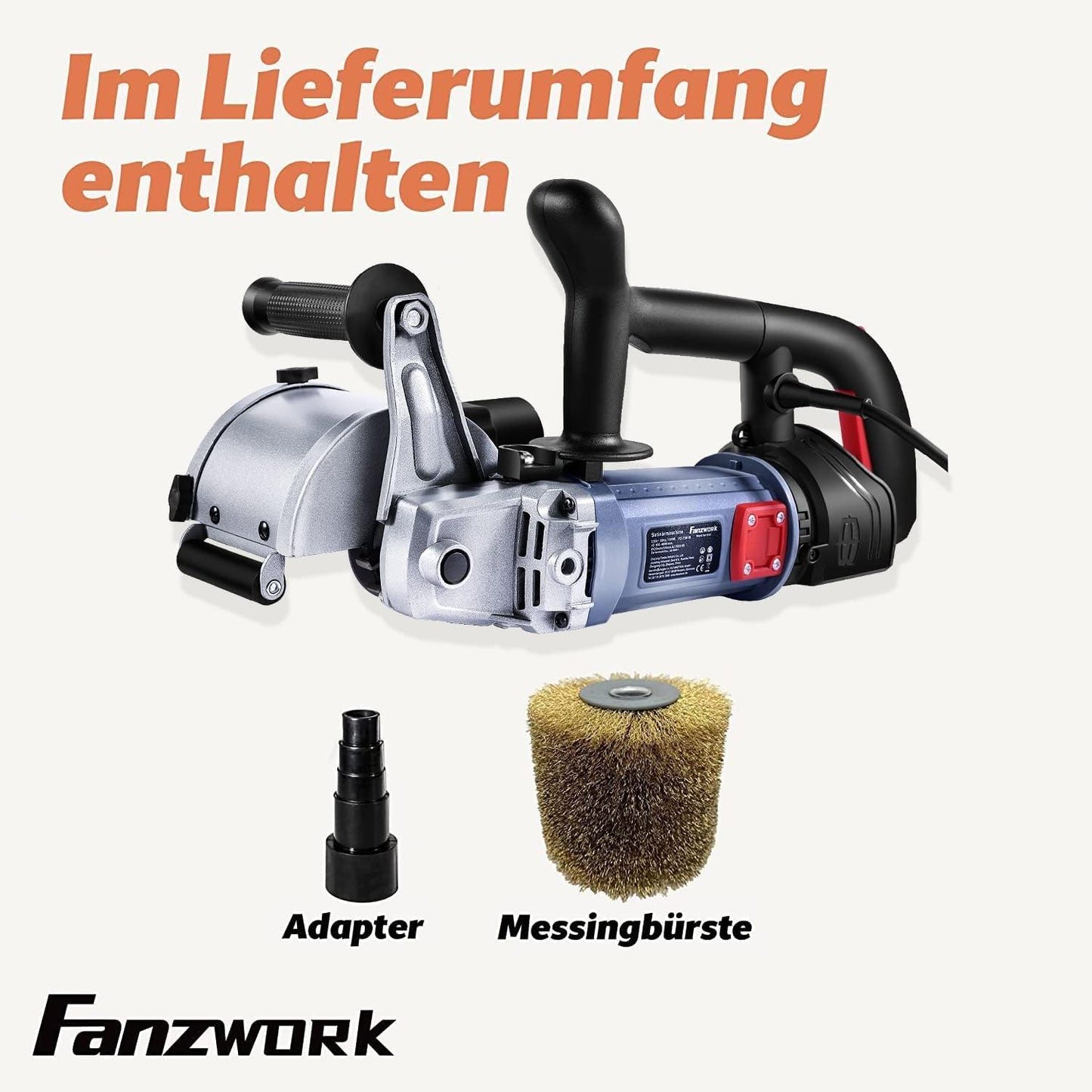 FANZWORK V2 1500 Watt Satiniermaschine Schleifmaschine Bürstenschleifgerät zur Renovierung von Oberflächen, mit Staubsaugung-Anschluss, Drehzahlregelung, Kugelgriff, Stahldrahtbürste FZ-7301B