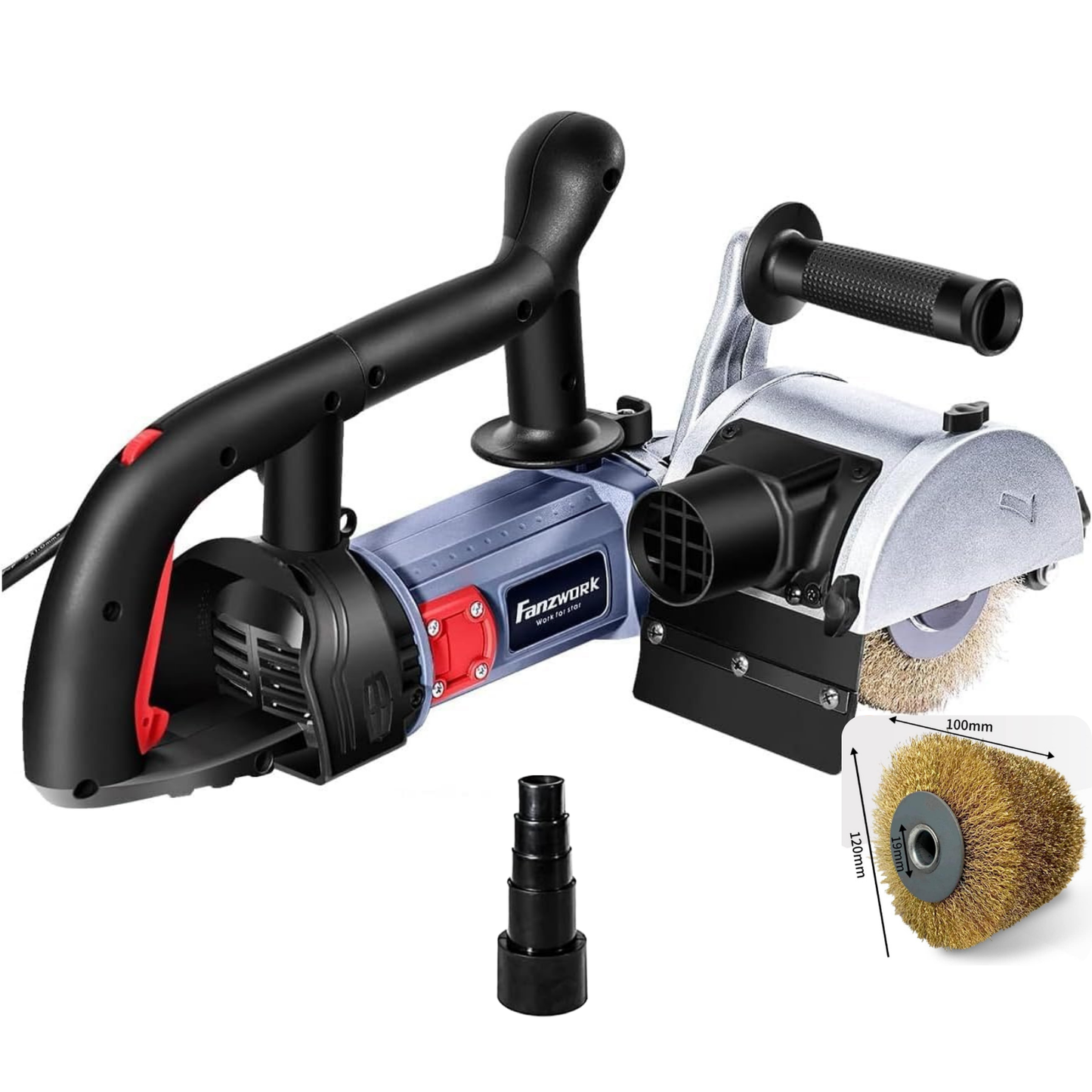 FANZWORK V2 1500 Watt Satiniermaschine Schleifmaschine Bürstenschleifgerät zur Renovierung von Oberflächen, mit Staubsaugung-Anschluss, Drehzahlregelung, Kugelgriff, Stahldrahtbürste FZ-7301B