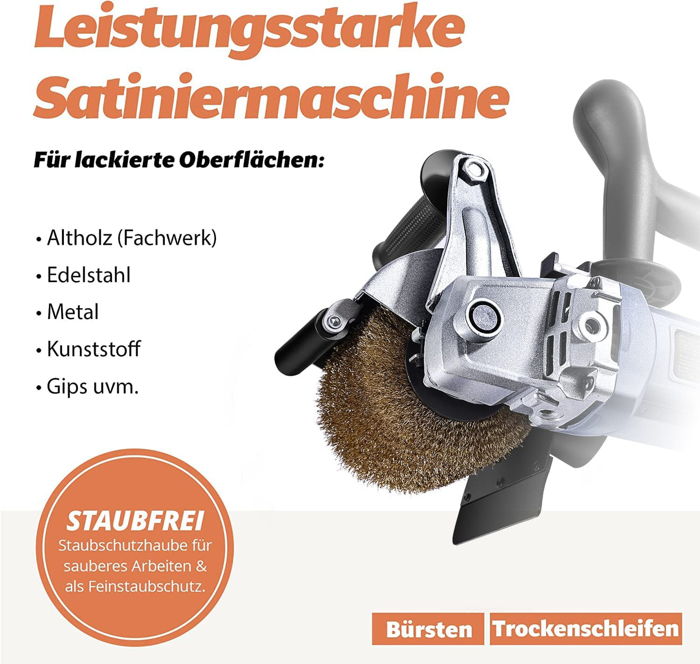 25 FANZWORK V2 1500 Watt Satiniermaschine Schleifmaschine Bürstenschleifgerät zur Renovierung von Oberflächen, mit Staubsaugung-Anschluss, Drehzahlregelung, Kugelgriff, Messing Bürste