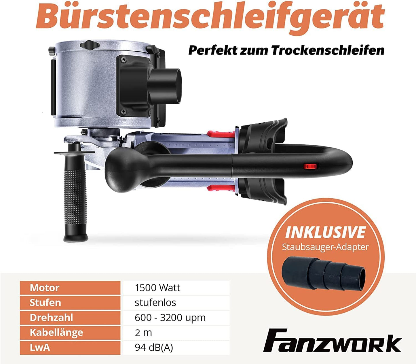 25 FANZWORK V2 1500 Watt Satiniermaschine Schleifmaschine Bürstenschleifgerät zur Renovierung von Oberflächen, mit Staubsaugung-Anschluss, Drehzahlregelung, Kugelgriff, Messing Bürste
