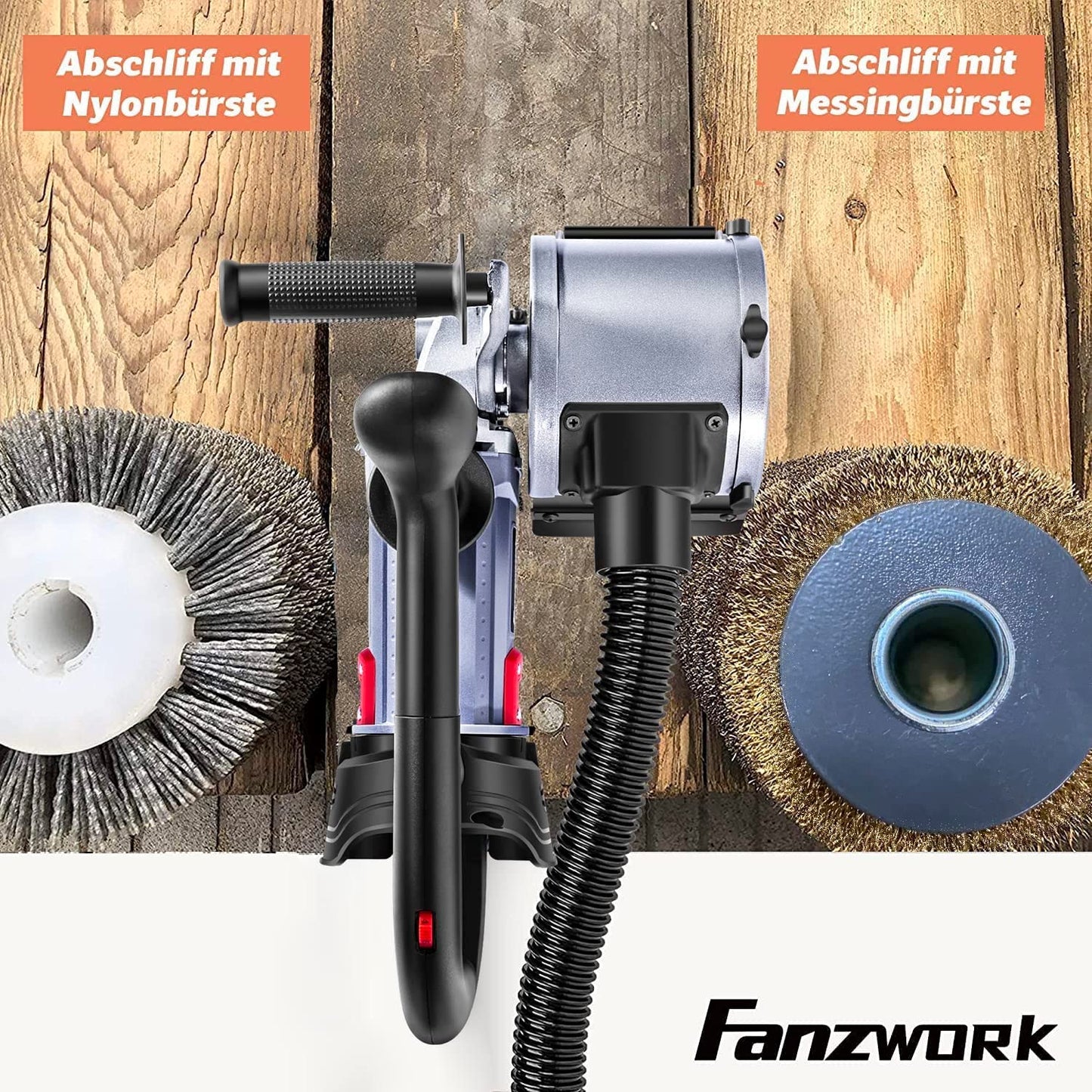 25 FANZWORK V2 1500 Watt Satiniermaschine Schleifmaschine Bürstenschleifgerät zur Renovierung von Oberflächen, mit Staubsaugung-Anschluss, Drehzahlregelung, Kugelgriff, Messing Bürste