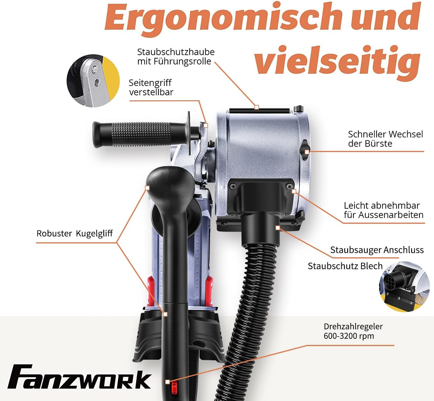 25 FANZWORK V2 1500 Watt Satiniermaschine Schleifmaschine Bürstenschleifgerät zur Renovierung von Oberflächen, mit Staubsaugung-Anschluss, Drehzahlregelung, Kugelgriff, Messing Bürste
