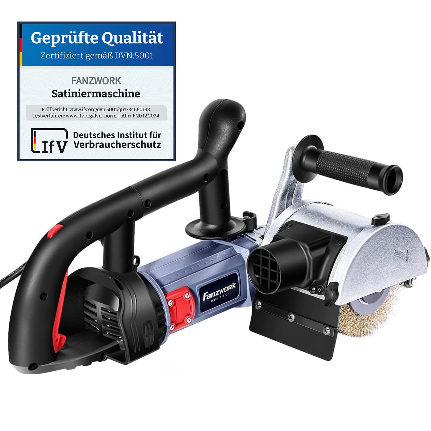 25 FANZWORK V2 1500 Watt Satiniermaschine Schleifmaschine Bürstenschleifgerät zur Renovierung von Oberflächen, mit Staubsaugung-Anschluss, Drehzahlregelung, Kugelgriff, Messing Bürste