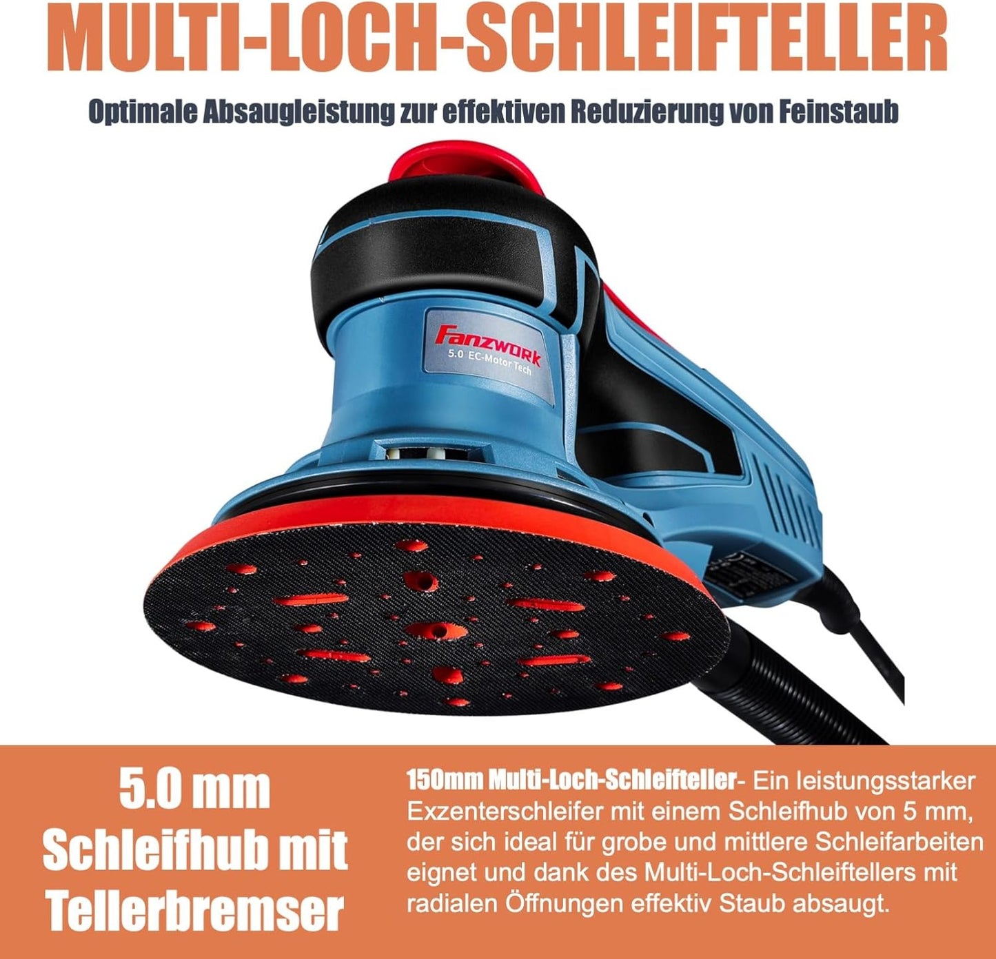 Used - 49E FANZWORK eccentric sander with 5 mm sanding stroke and 125/150 mm Velcro sanding pad. 350W brushless EC motor, including carrying case.
