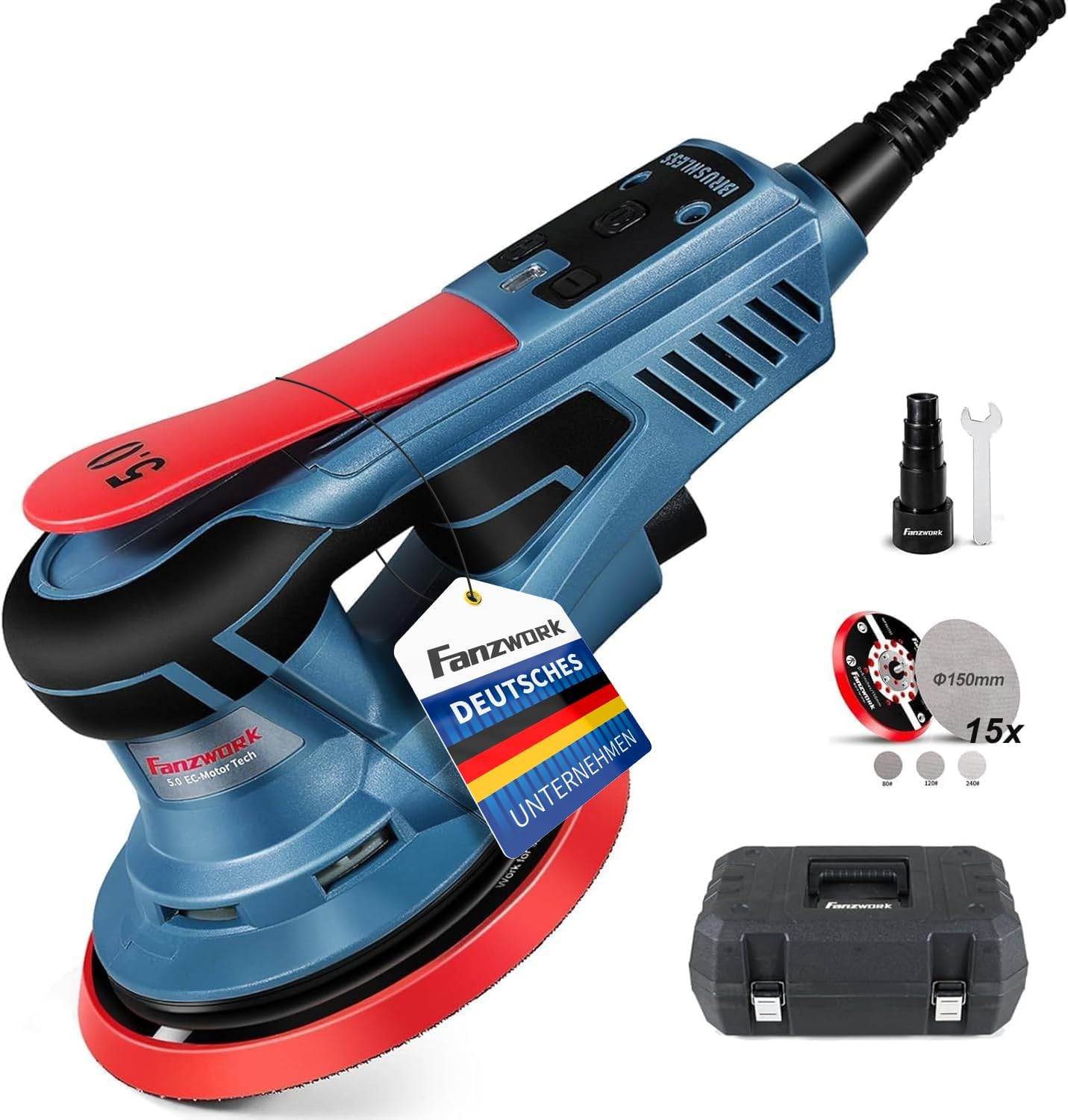 49B FANZWORK eccentric sander with 5mm sanding stroke and 150mm Velcro sanding pad. 350W brushless EC motor, including carrying case.