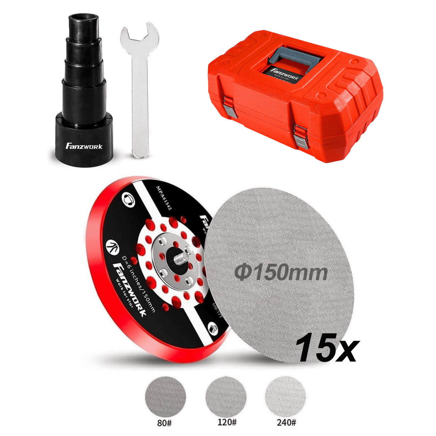 49B FANZWORK eccentric sander with 5mm sanding stroke and 150mm Velcro sanding pad. 350W brushless EC motor, including carrying case.