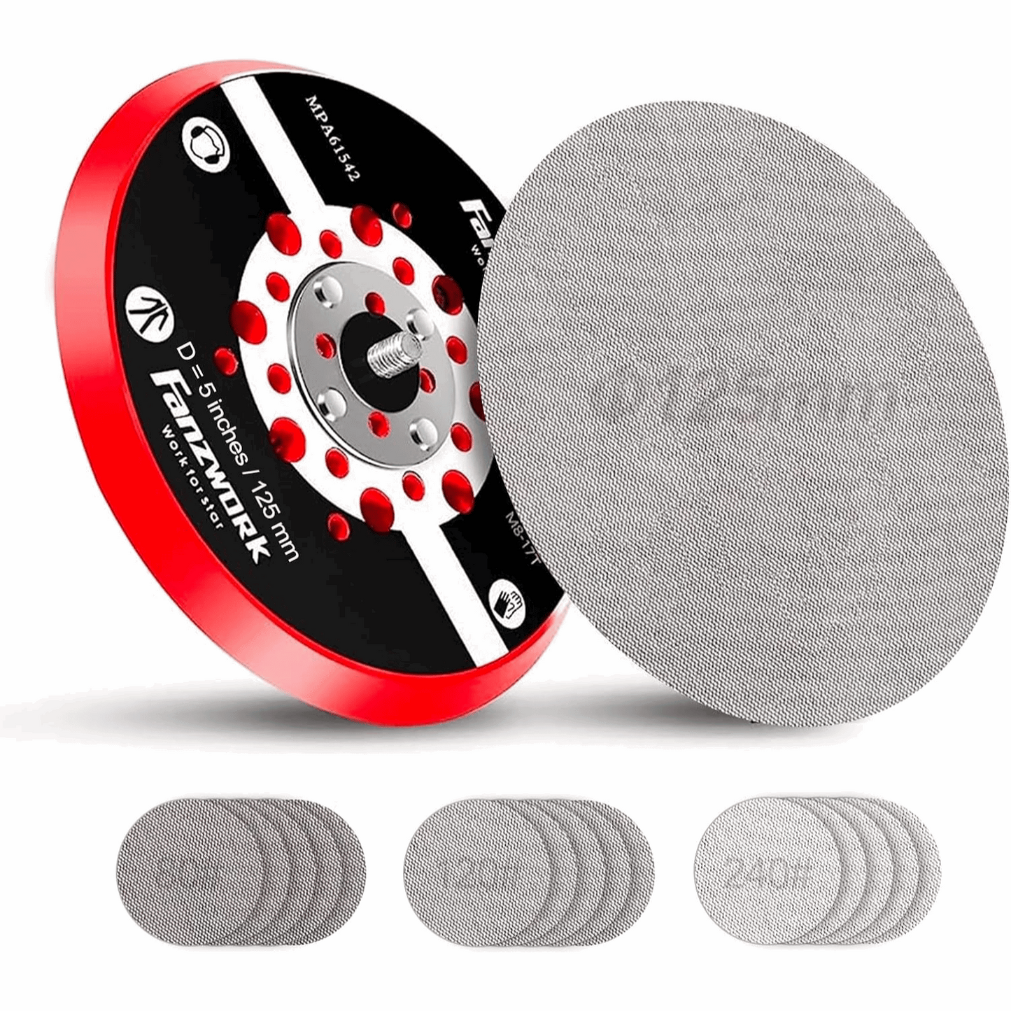 FANZWORK Klett-Schleifteller für Exzenterschleifer Ø 125mm | 5/16 Zoll UNF Außengewinde | Schleifteller mit Klett | Inklusiv Schleifgitter 80/120/240 Körnung je 5 Stk.