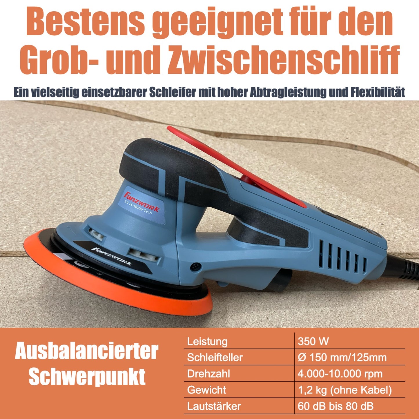 Used - 49E FANZWORK eccentric sander with 5 mm sanding stroke and 125/150 mm Velcro sanding pad. 350W brushless EC motor, including carrying case.