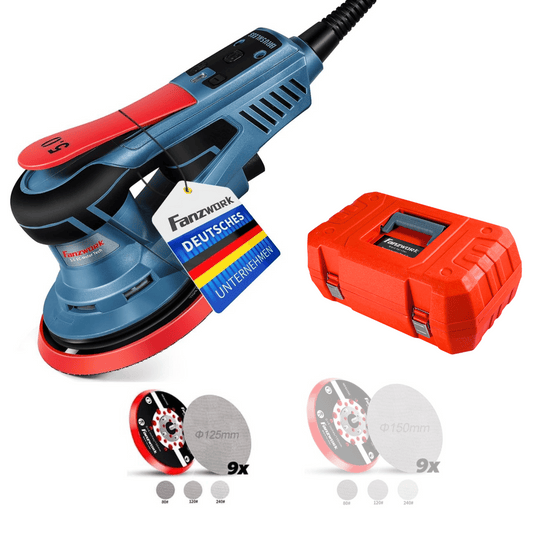FANZWORK Exzenterschleifer 5mm Schleifhub mit 125/150 mm Schleifteller Klett. 350W bürstenlosen EC-Motor, inkl. Tragkoffer 49E