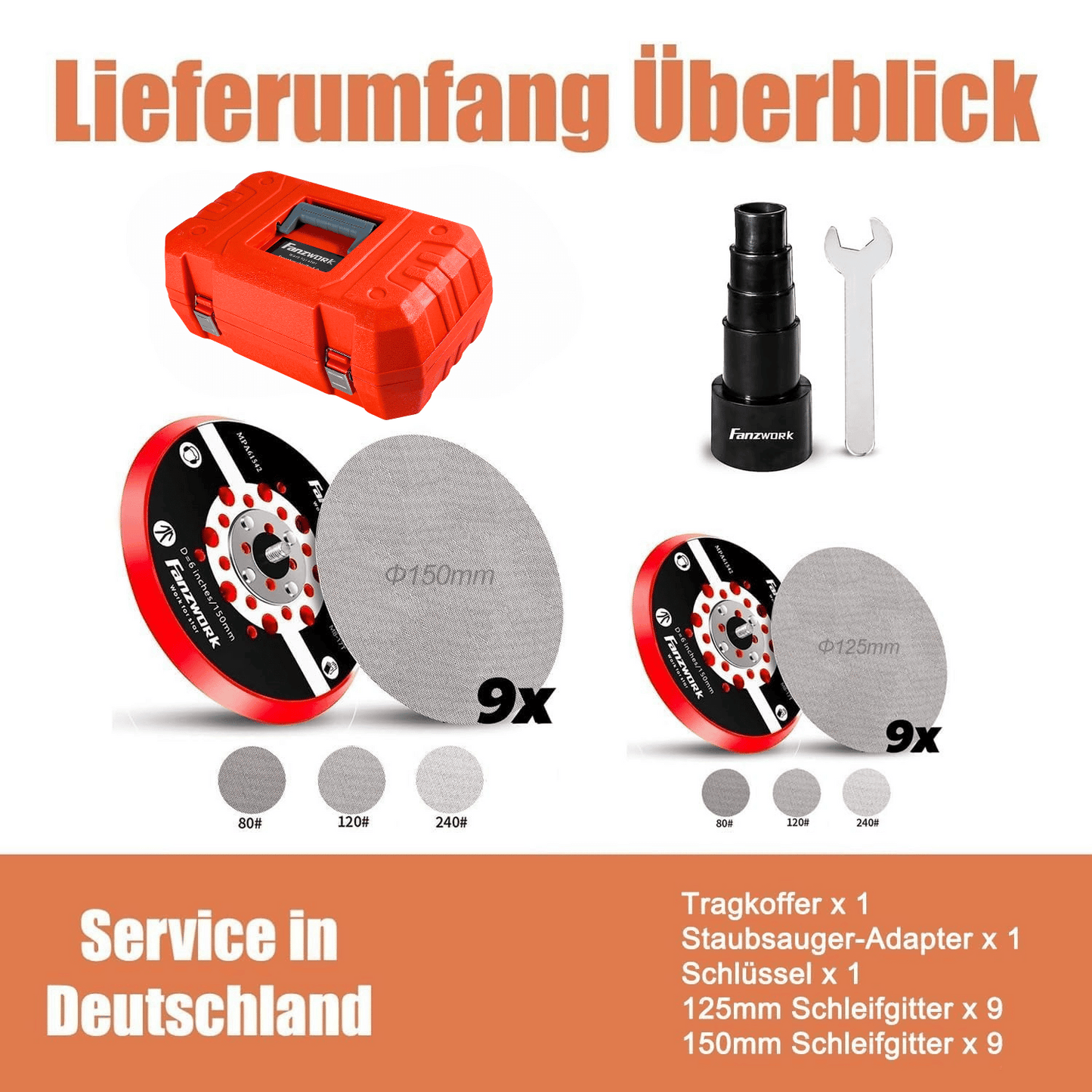 FANZWORK Exzenterschleifer 5mm Schleifhub mit 125/150 mm Schleifteller Klett. 350W bürstenlosen EC-Motor, inkl. Tragkoffer 49E
