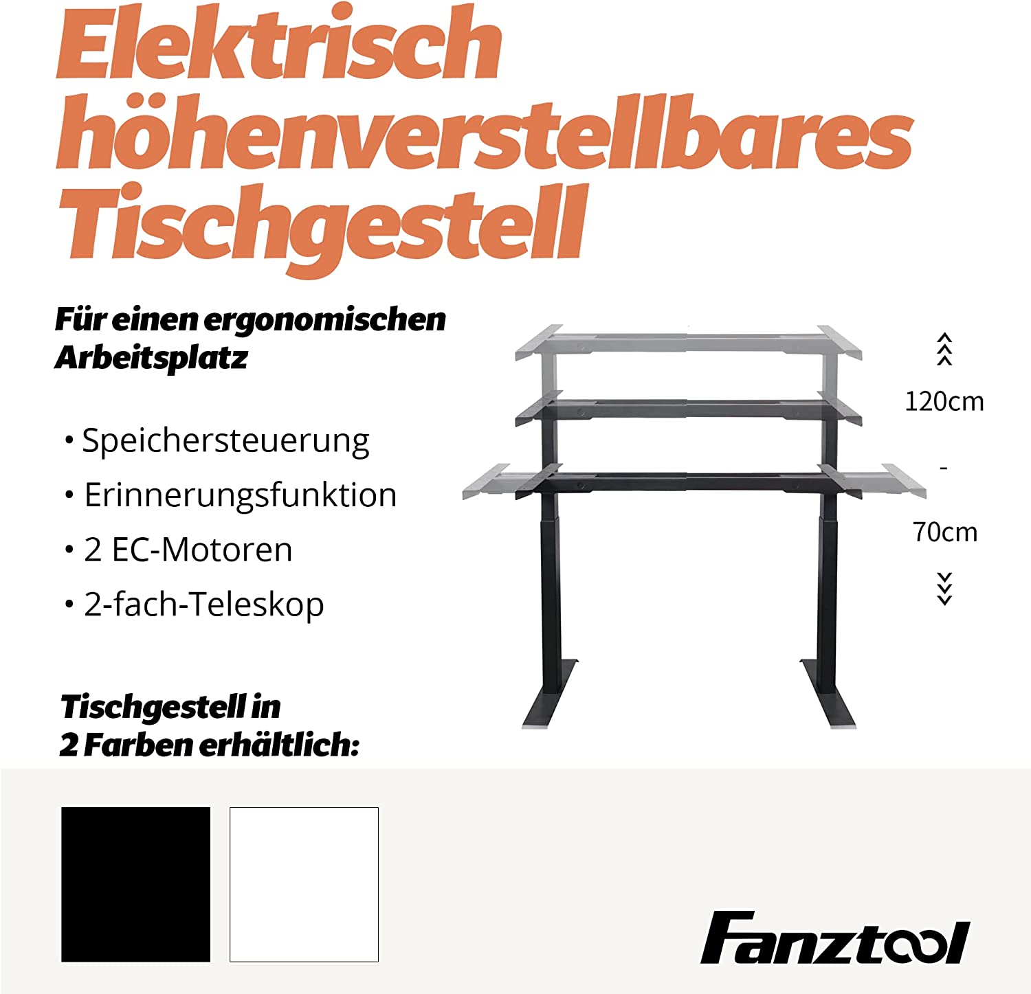 FANZTOOL höhenverstellbarer Schreibtisch-Gestell mit 2 x Bosch Motoren elektrisch stufenlos in Weiß - Fanztool