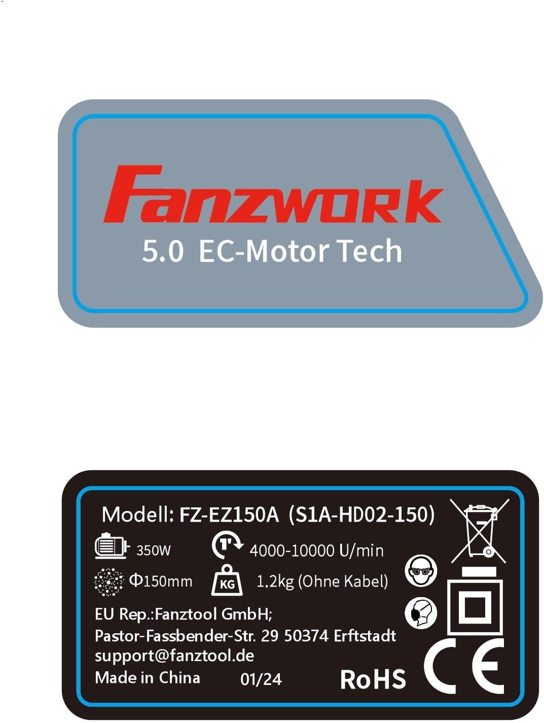 49E FANZWORK eccentric sander with 5 mm sanding stroke and 125/150 mm Velcro sanding pad. 350W brushless EC motor, including carrying case.