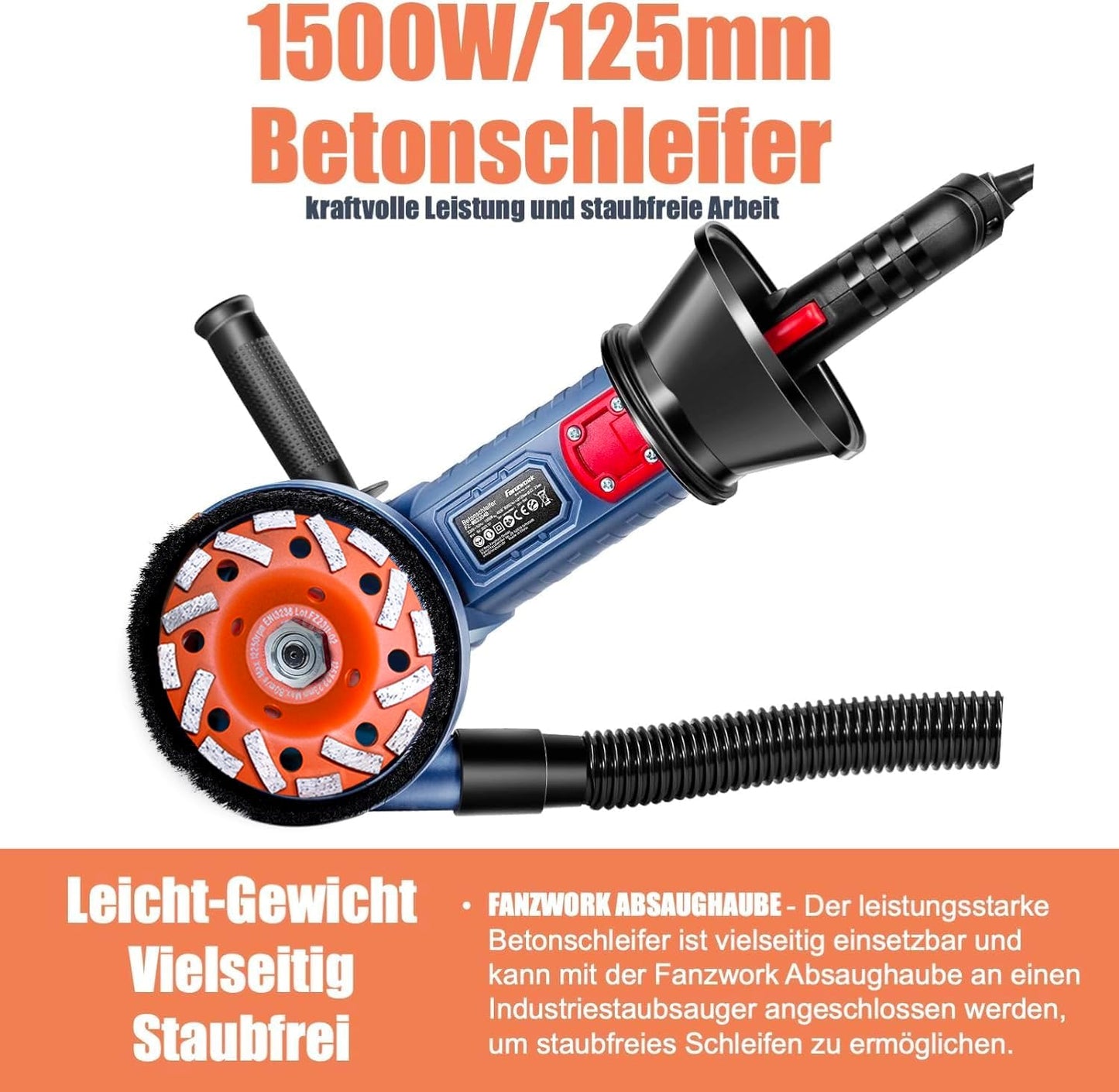 Used - FANZWORK 1500W concrete grinder concrete milling machine set, speed adjustable, incl. premium 125mm diamond grinding cup, suction hood
