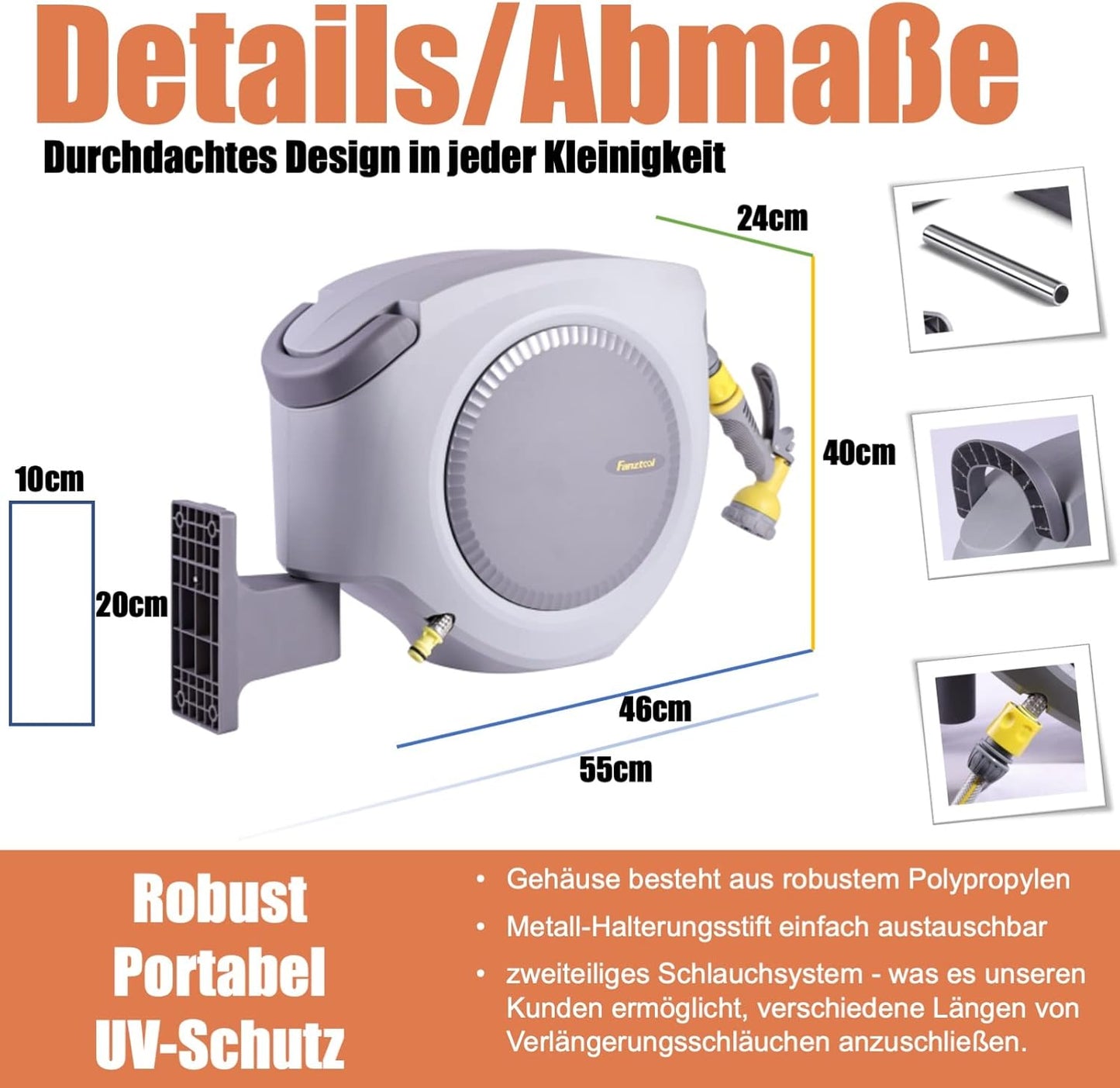 Schlauchtrommel 35m+2m 1/2" mit Wandhalterung Inkl. 8-Funktionen-Multi-Handbrause | Automatik Einrollen | 180° Schwenkbar | Gartenschlauch RoHS geprüft - Fanztool