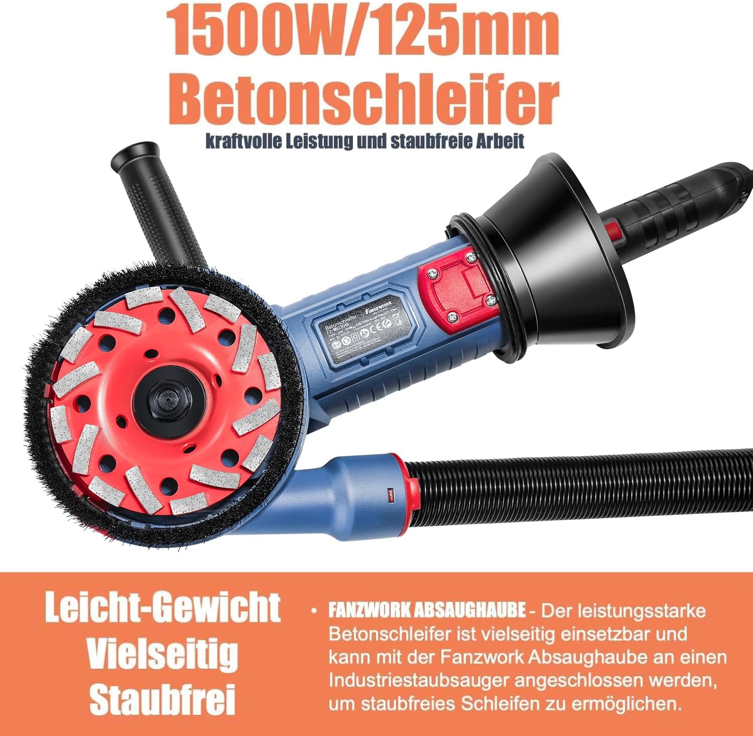 FANZWORK 1500W Betonschleifer Betonfräse Set, Drehzahlregelbar, inkl. Premium 2x125mm Diamantschleiftopf, Absaughaube, T-Förmiger Griff FZ-WB2304B - Fanztool