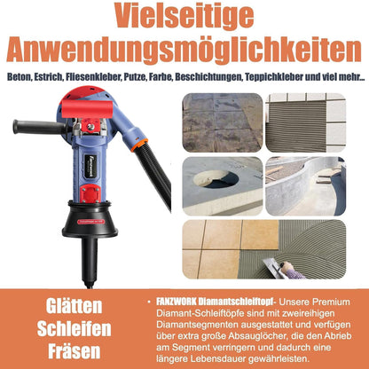 Gebraucht - FANZWORK 1500W Betonschleifer Betonfräse Set, Drehzahlregelbar, inkl. Premium 125mm Diamantschleiftopf, Absaughaube FZ-WB2304B