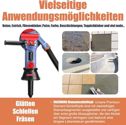 FANZWORK 1500W Betonschleifer Betonfräse Set, Drehzahlregelbar, inkl. Premium 2x125mm Diamantschleiftopf, Absaughaube, T-Förmiger Griff FZ-WB2304B - Fanztool