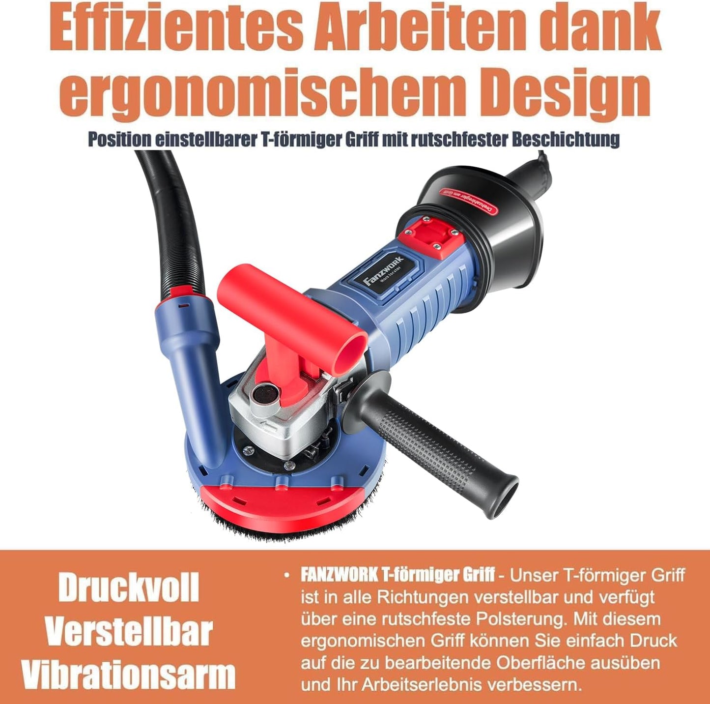 FANZWORK 1500W Betonschleifer Betonfräse Set, Drehzahlregelbar, inkl. Premium 2x125mm Diamantschleiftopf, Absaughaube, T-Förmiger Griff FZ-WB2304B - Fanztool