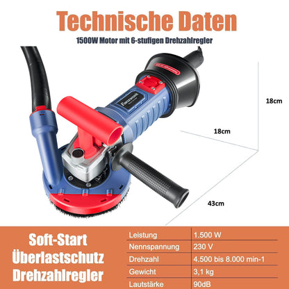 Neuwertig - FANZWORK 1500W Betonschleifer Betonfräse Set, Drehzahlregelbar, inkl. Premium 125mm Diamantschleiftopf, Absaughaube FZ-WB2304B