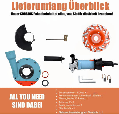 Gebraucht - FANZWORK 1500W Betonschleifer Betonfräse Set, Drehzahlregelbar, inkl. Premium 125mm Diamantschleiftopf, Absaughaube FZ-WB2304B