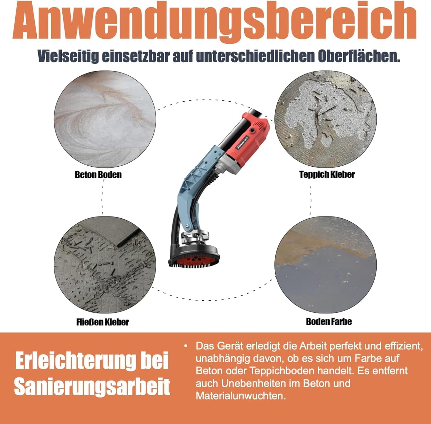 Used - FANZWORK concrete grinder 1010W with telescopic rod up to 1.20 m Including diamond grinding cup 125mm in professional quality