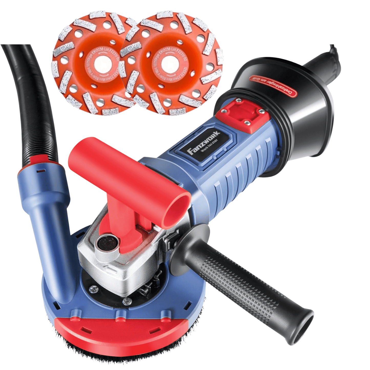 Neuwertig - FANZWORK 1500W Betonschleifer Betonfräse Set, Drehzahlregelbar, inkl. Premium 125mm Diamantschleiftopf, Absaughaube FZ-WB2304B