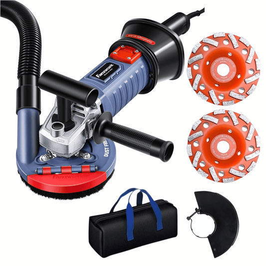 Gebraucht - FANZWORK 1500W Betonschleifer Betonfräse Set, Drehzahlregelbar, inkl. Premium 125mm Diamantschleiftopf, Absaughaube FZ-WB2304B - Fanztool