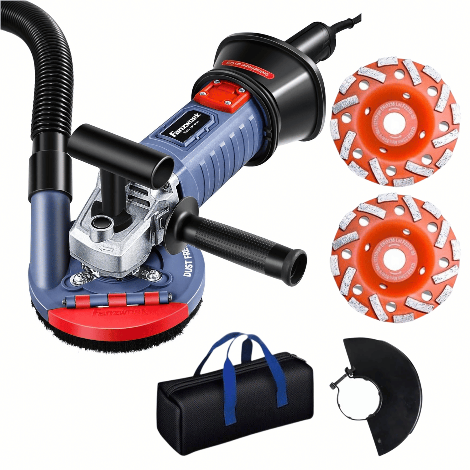 Neuwertig - FANZWORK 1500W Betonschleifer Betonfräse Set, Drehzahlregelbar, inkl. Premium 125mm Diamantschleiftopf, Absaughaube FZ-WB2304B - Fanztool