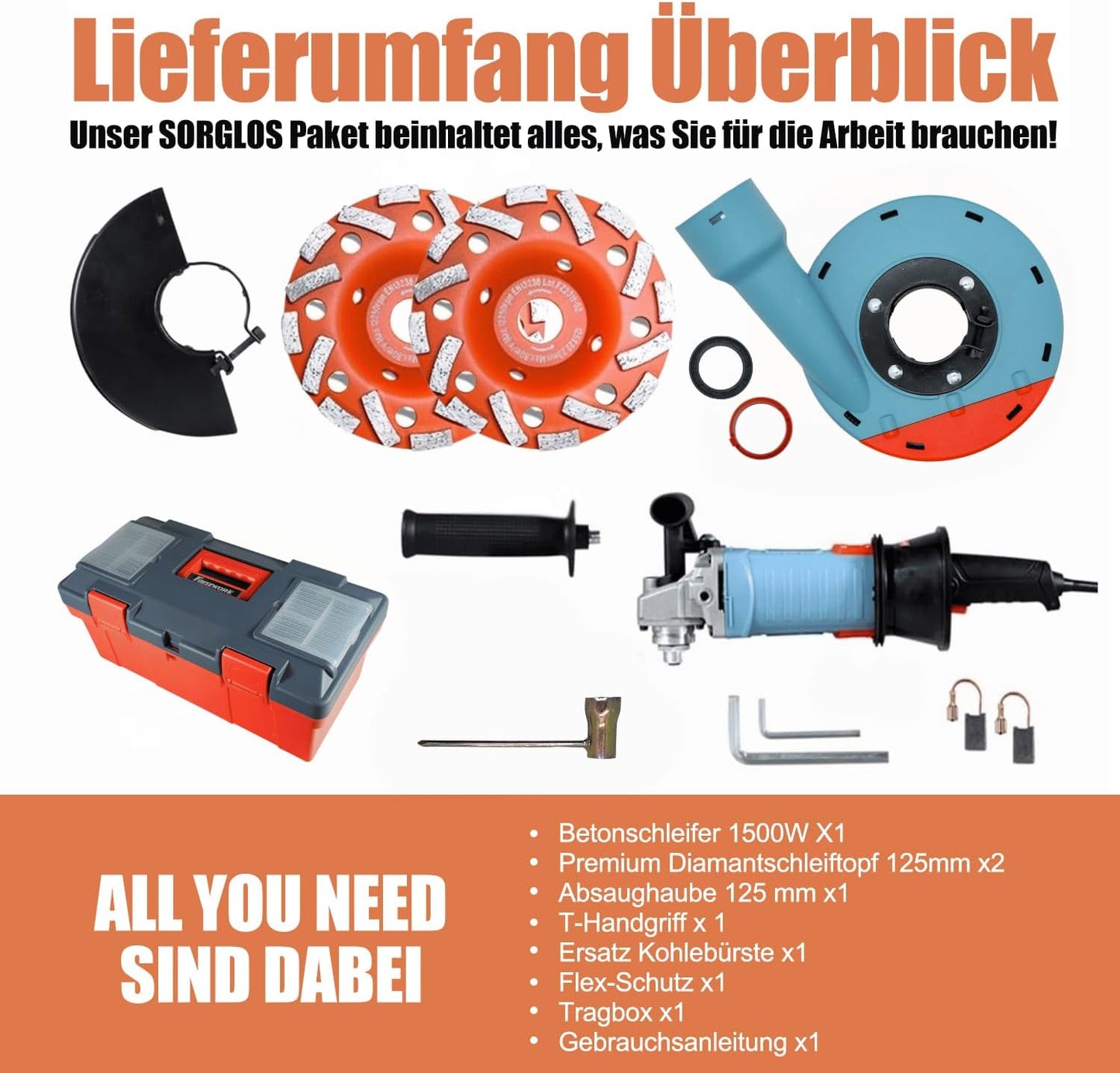 Neuwertig - FANZWORK 1500W Betonschleifer Betonfräse Set, Drehzahlregelbar, inkl. Premium 125mm Diamantschleiftopf, Absaughaube FZ-WB2304B