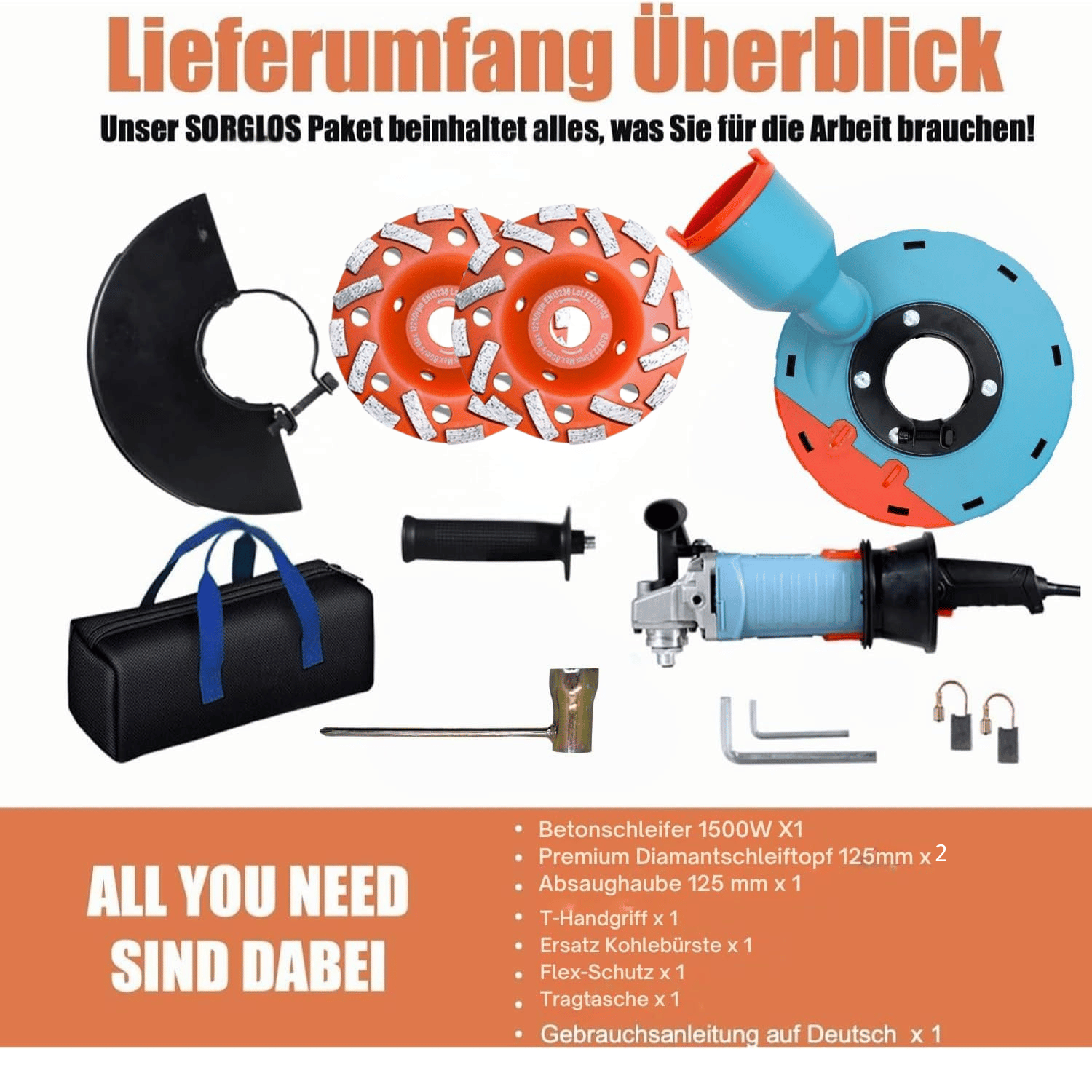 Gebraucht - FANZWORK 1500W Betonschleifer Betonfräse Set, Drehzahlregelbar, inkl. Premium 125mm Diamantschleiftopf, Absaughaube FZ-WB2304B - Fanztool