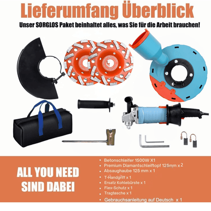 Neuwertig - FANZWORK 1500W Betonschleifer Betonfräse Set, Drehzahlregelbar, inkl. Premium 125mm Diamantschleiftopf, Absaughaube FZ-WB2304B - Fanztool