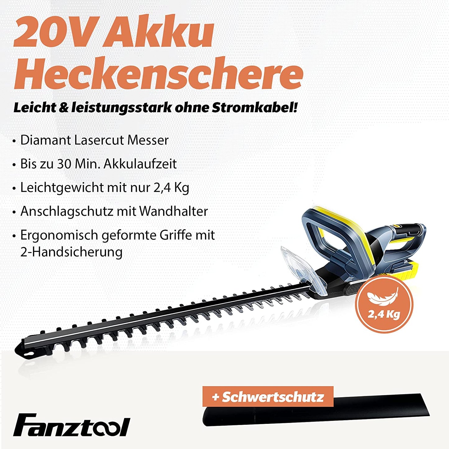 Taille-haie sans fil FANZTOOL 12A (batterie 20 V, 2 Ah, longueur de coupe 510 mm, espacement des dents 16 mm, 2,4 kg, batterie et chargeur inclus)