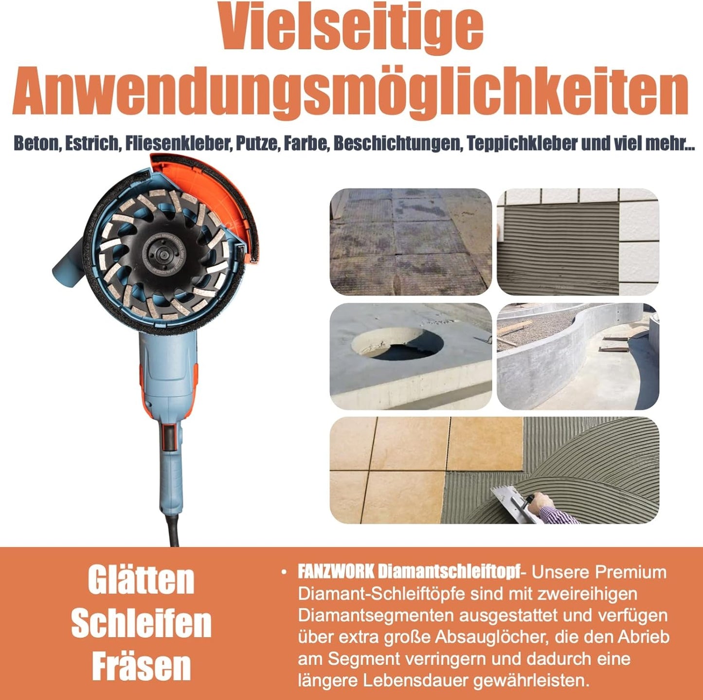 Neuwertig - FANZWORK 1750W/180mm Betonschleifer Set, 7.500 min-1 Umdrehung, inkl. 2 Stk. Premium180mm Diamantschleiftöpfe - Fanztool
