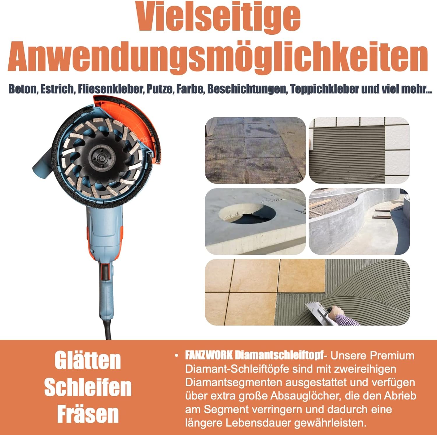 Neuwertig - FANZWORK 1750W/180mm Betonschleifer Set, 7.500 min-1 Umdrehung, inkl. 2 Stk. Premium180mm Diamantschleiftöpfe - Fanztool