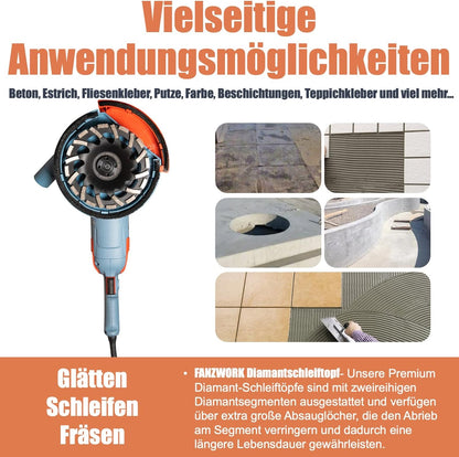 Neuwertig - FANZWORK 1750W/180mm Betonschleifer Set, 7.500 min-1 Umdrehung, inkl. 2 Stk. Premium180mm Diamantschleiftöpfe - Fanztool